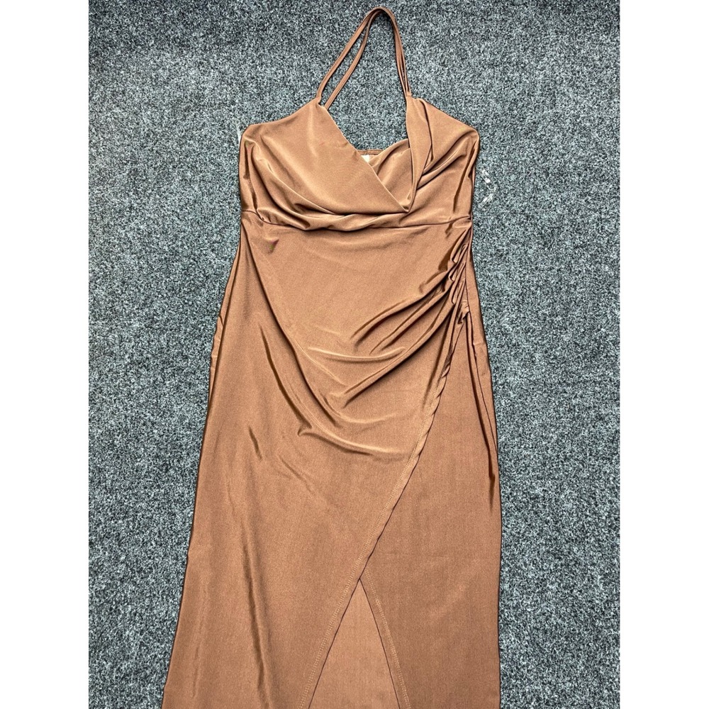 ELH Studio Bronze Brown Cowl Neck Ruched Wrap Midi Dress Womens XL Halter Slit